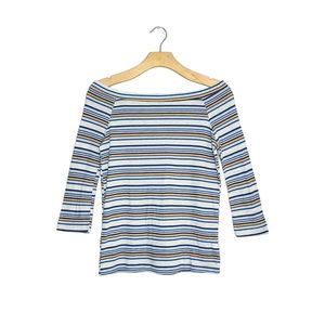 Zara Blue & Orange Stripe Ribbed Off the Shoulder Half Sleeve Shirt
